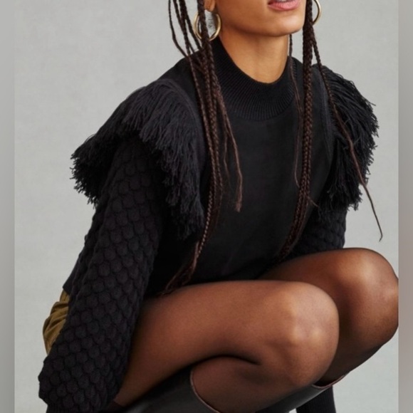 Anthropologie Dolan Boho Fringed Knit Sweater Mock Neck Puff Sleeves Black XXS - Picture 2 of 16